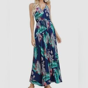 Huskary Green & Purple Tropical Leaf Waist Drawstring Casual Maxi Dress Sm